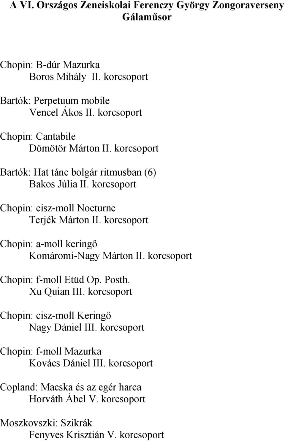 korcsoport Chopin: a-moll keringő Komáromi-Nagy Márton II. korcsoport Chopin: f-moll Etüd Op. Posth. Xu Quian III. korcsoport Chopin: cisz-moll Keringő Nagy Dániel III.