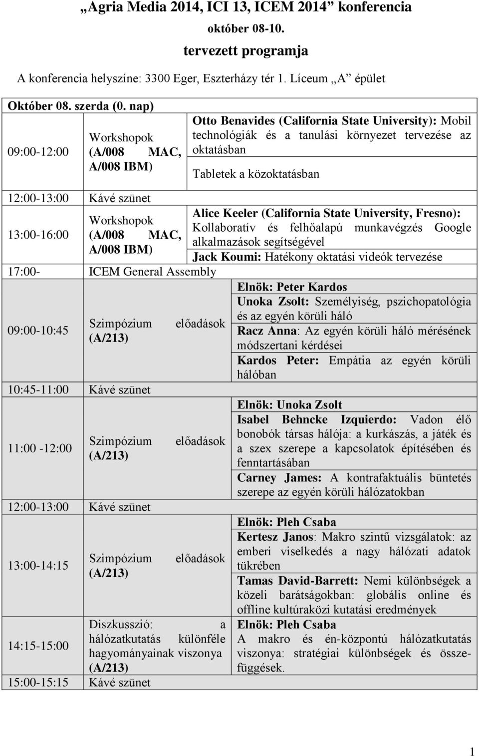 12:00-13:00 Kávé szünet 13:00-16:00 Workshopok (A/008 MAC, A/008 IBM) 17:00- ICEM General Assembly 09:00-10:45 Szimpózium (A/213) 10:45-11:00 Kávé szünet 11:00-12:00 Szimpózium (A/213) 12:00-13:00