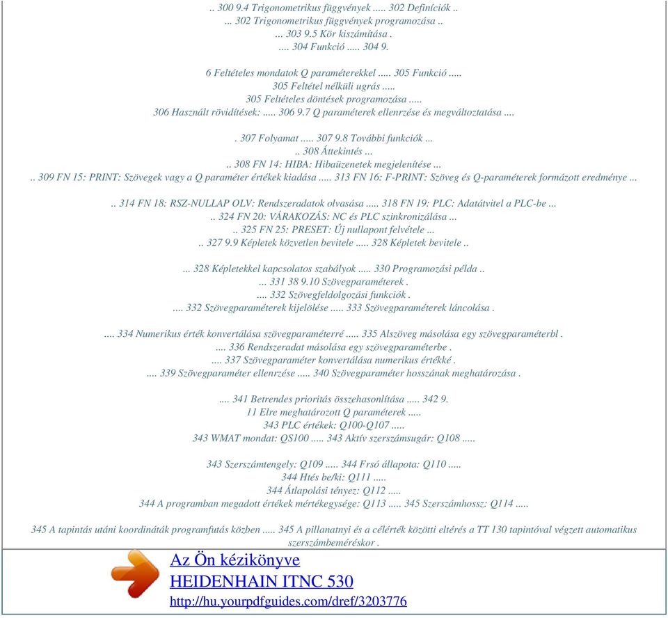 8 További funkciók..... 308 Áttekintés..... 308 FN 14: HIBA: Hibaüzenetek megjelenítése..... 309 FN 15: PRINT: Szövegek vagy a Q paraméter értékek kiadása.