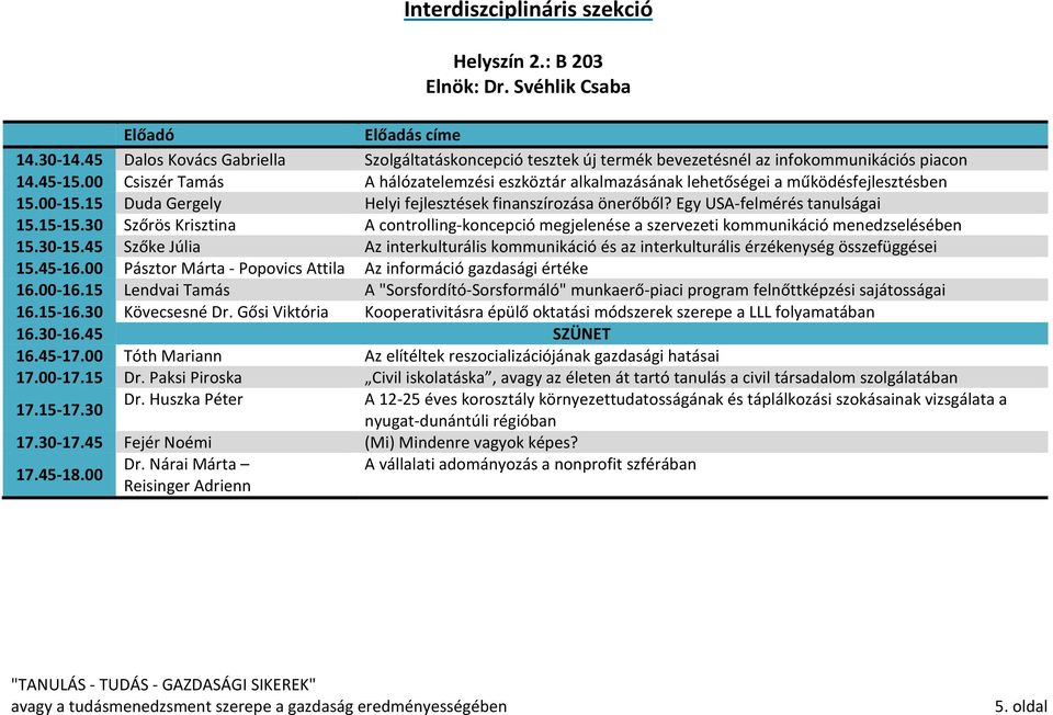 15-15.30 Szőrös Krisztina A controlling-koncepció megjelenése a szervezeti kommunikáció menedzselésében 15.30-15.