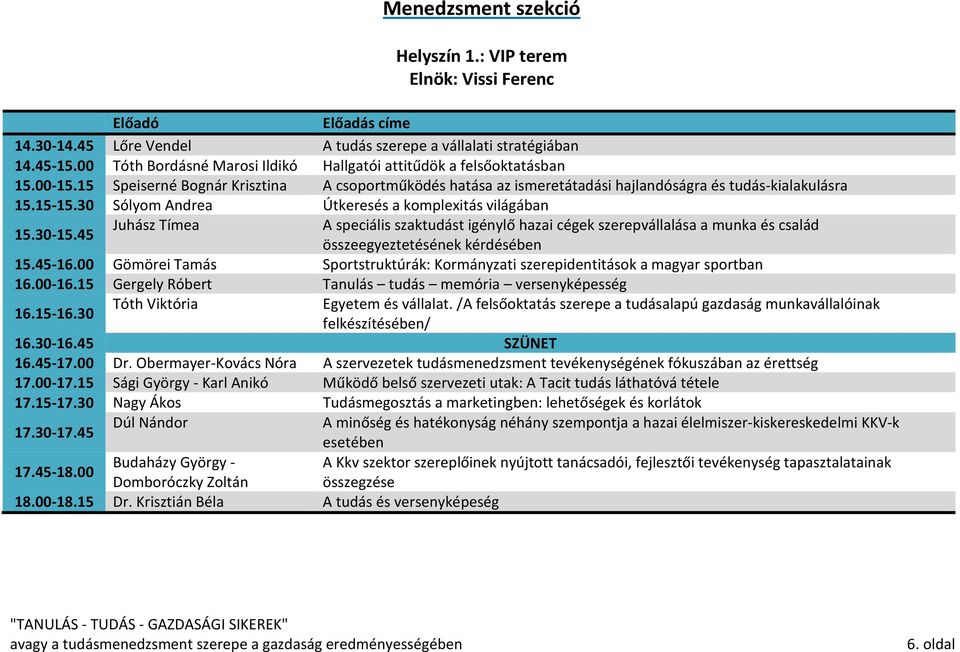 30 Sólyom Andrea Útkeresés a komplexitás világában Juhász Tímea A speciális szaktudást igénylő hazai cégek szerepvállalása a munka és család 15.30-15.45 összeegyeztetésének kérdésében 15.45-16.