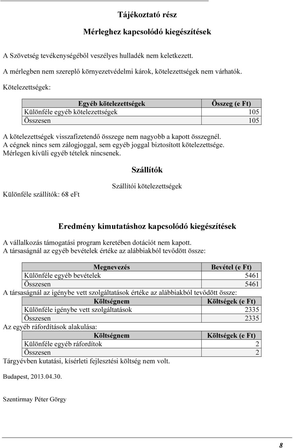 A cégnek nincs sem zálogjoggal, sem egyéb joggal biztosított kötelezettsége. Mérlegen kívüli egyéb tételek nincsenek.