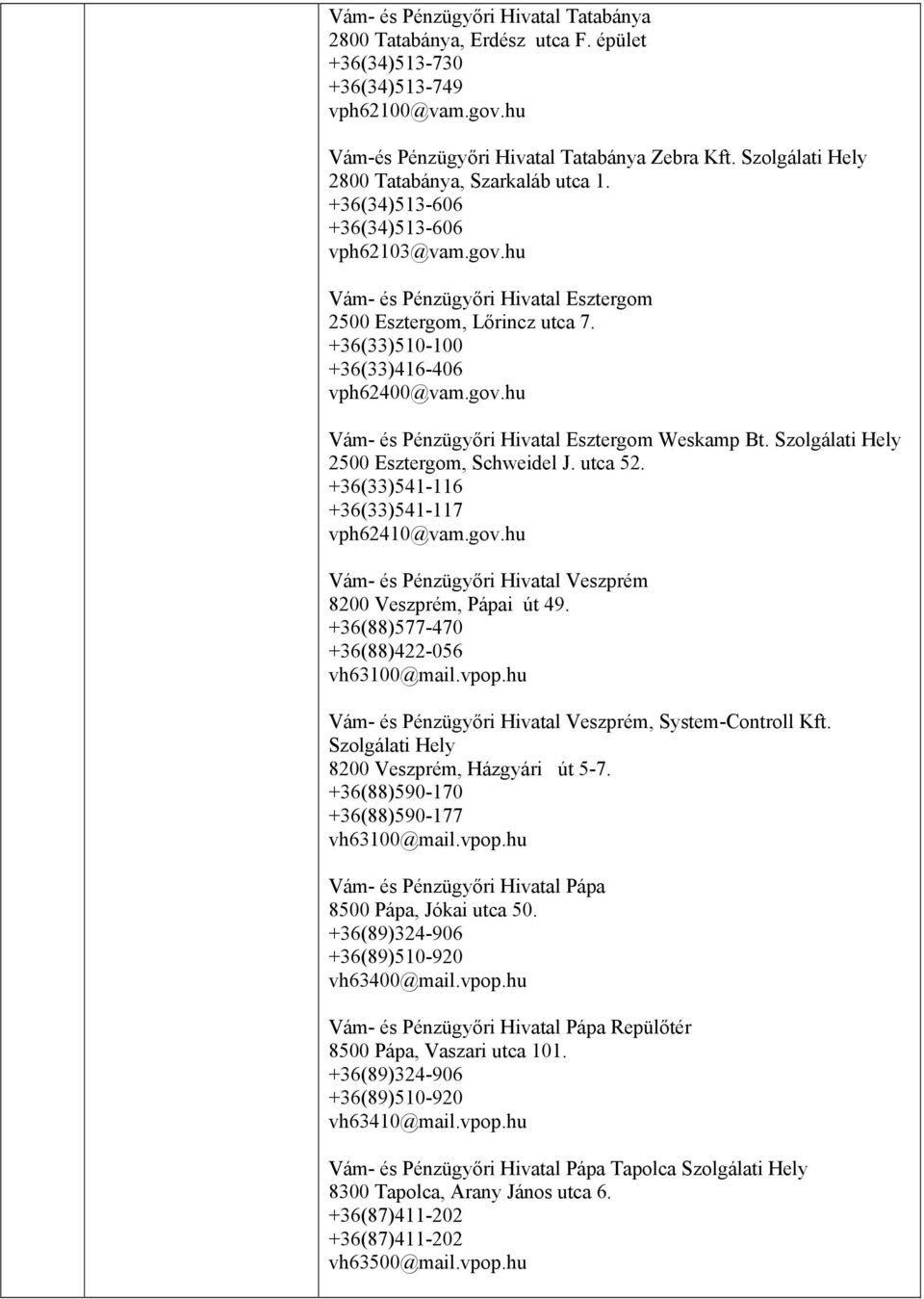 +36(33)510-100 +36(33)416-406 vph62400@vam.gov.hu Vám- és Pénzügyőri Hivatal Esztergom Weskamp Bt. Szolgálati Hely 2500 Esztergom, Schweidel J. utca 52. +36(33)541-116 +36(33)541-117 vph62410@vam.gov.hu Vám- és Pénzügyőri Hivatal Veszprém 8200 Veszprém, Pápai út 49.