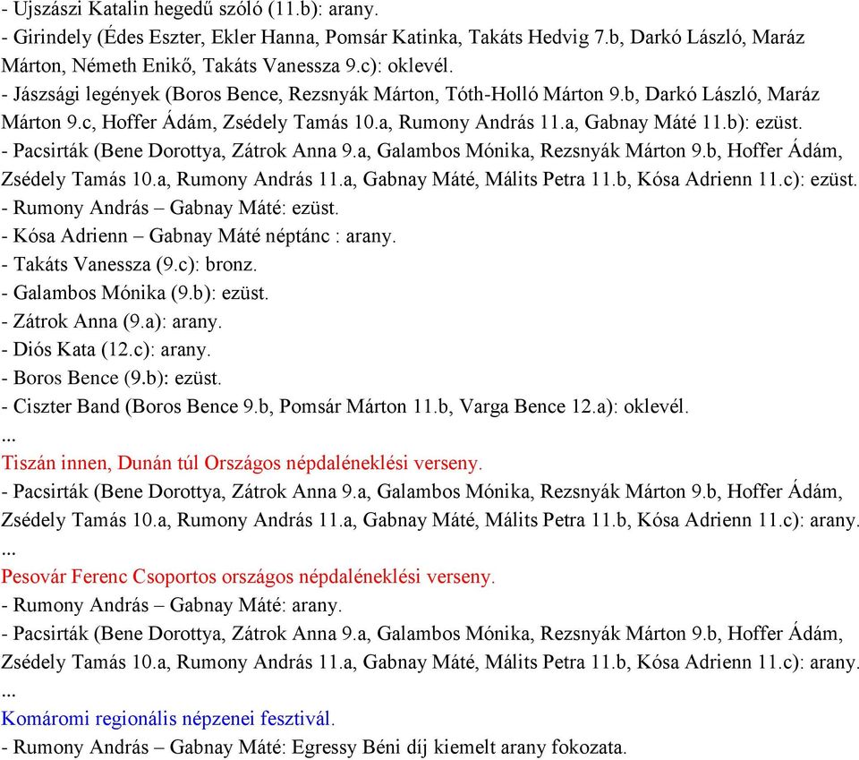 - Pacsirták (Bene Dorottya, Zátrok Anna 9.a, Galambos Mónika, Rezsnyák Márton 9.b, Hoffer Ádám, Zsédely Tamás 10.a, Rumony András 11.a, Gabnay Máté, Málits Petra 11.b, Kósa Adrienn 11.c): ezüst.