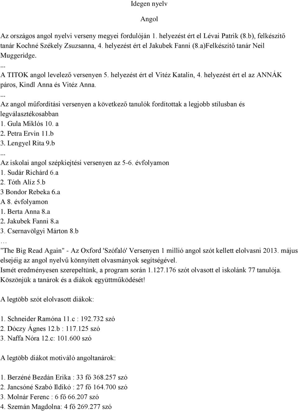 Az angol műfordítási versenyen a következő tanulók fordítottak a legjobb stílusban és legválasztékosabban 1. Gula Miklós 10. a 2. Petra Ervin 11.b 3. Lengyel Rita 9.