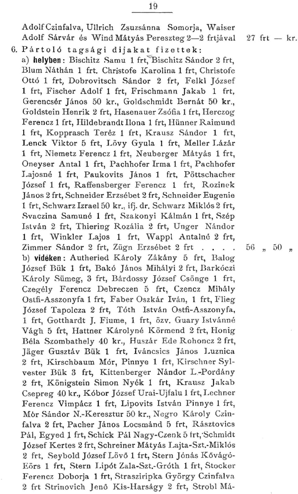 Christofe Karoina frt, Christofe Ottó frt 1 Dobravitsch Sándor 2 frt, Fek Józs ef frt, Fischer Adof frt, Frischmann J aka b frt, Gerencsér J á nos 50 kr., Godschmidt B ernát 50 kr.