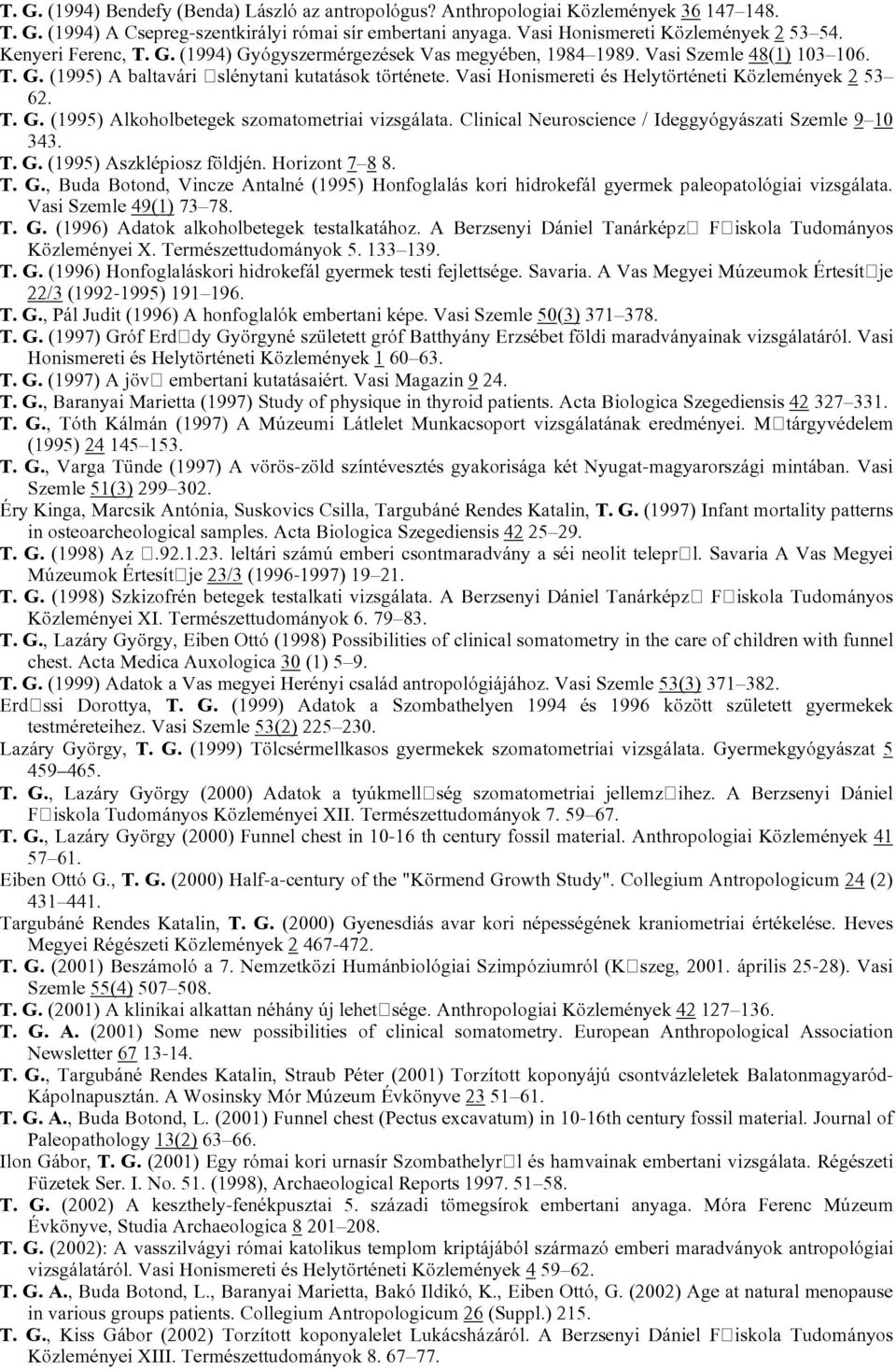 Vasi Honismereti és Helytörténeti Közlemények 2 53 62. T. G. (1995) Alkoholbetegek szomatometriai vizsgálata. Clinical Neuroscience / Ideggyógyászati Szemle 9 10 343. T. G. (1995) Aszklépiosz földjén.