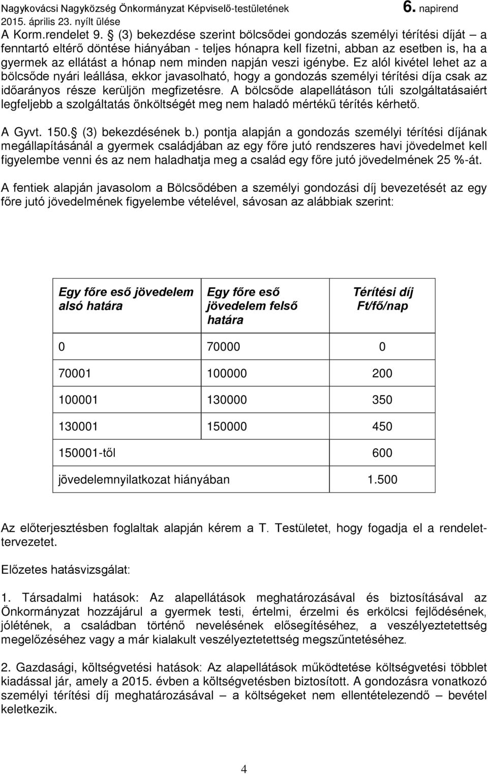 napján veszi igénybe. Ez alól kivétel lehet az a bölcsőde nyári leállása, ekkor javasolható, hogy a gondozás személyi térítési díja csak az időarányos része kerüljön megfizetésre.