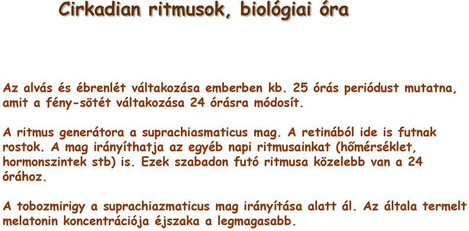 A retinából ide is futnak rostok. A mag irányíthatja az egyéb napi ritmusainkat (hőmérséklet, hormonszintek stb) is.