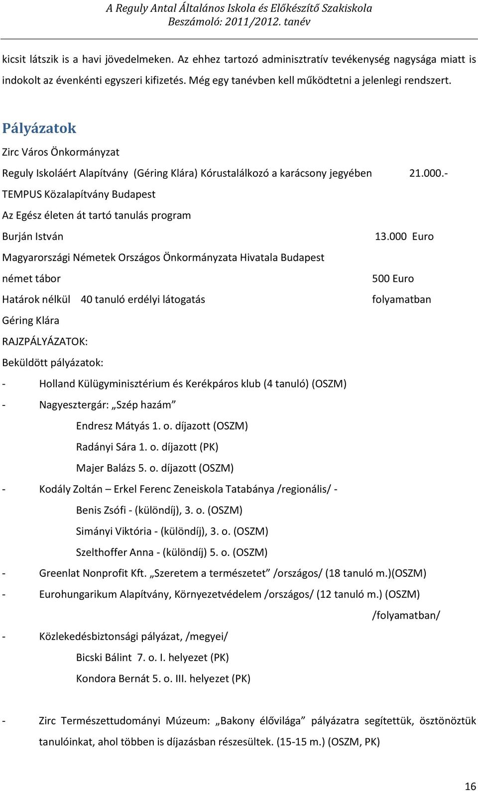 Pályázatok Zirc Város Önkormányzat Reguly Iskoláért Alapítvány (Géring Klára) Kórustalálkozó a karácsony jegyében 21.000.