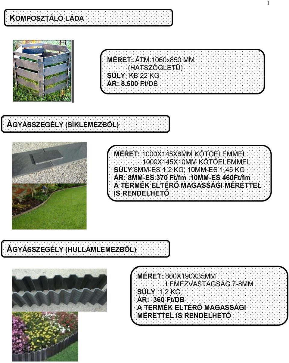 KG; 10MM-ES 1,45 KG ÁR: 8MM-ES 370 Ft/fm 10MM-ES 460Ft/fm A TERMÉK ELTÉRŐ MAGASSÁGI MÉRETTEL IS RENDELHETŐ