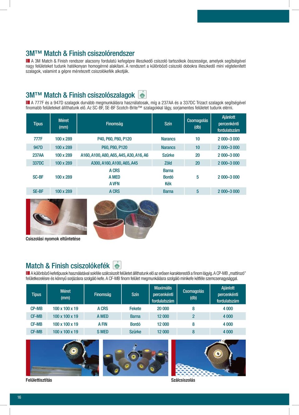 3M Match & Finish csiszolószalagok A 777F és a 947D szalagok durvább megmunkálásra használatosak, míg a 237AA és a 337DC Trizact szalagok segítségével finomabb felületeket állíthatunk elô.