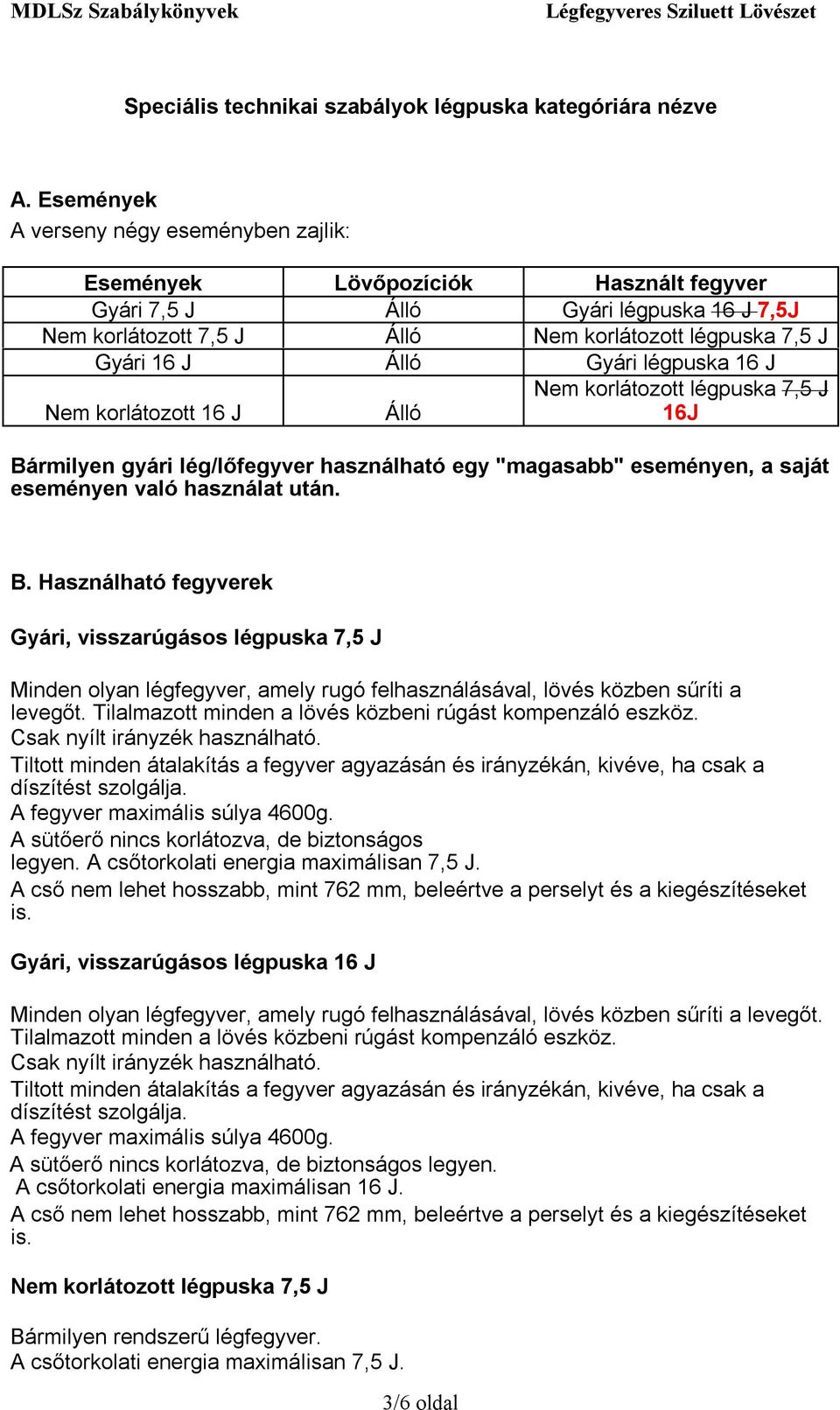 Gyári légpuska 16 J Nem korlátozott 16 J Álló Nem korlátozott légpuska 7,5 J 16J Bá