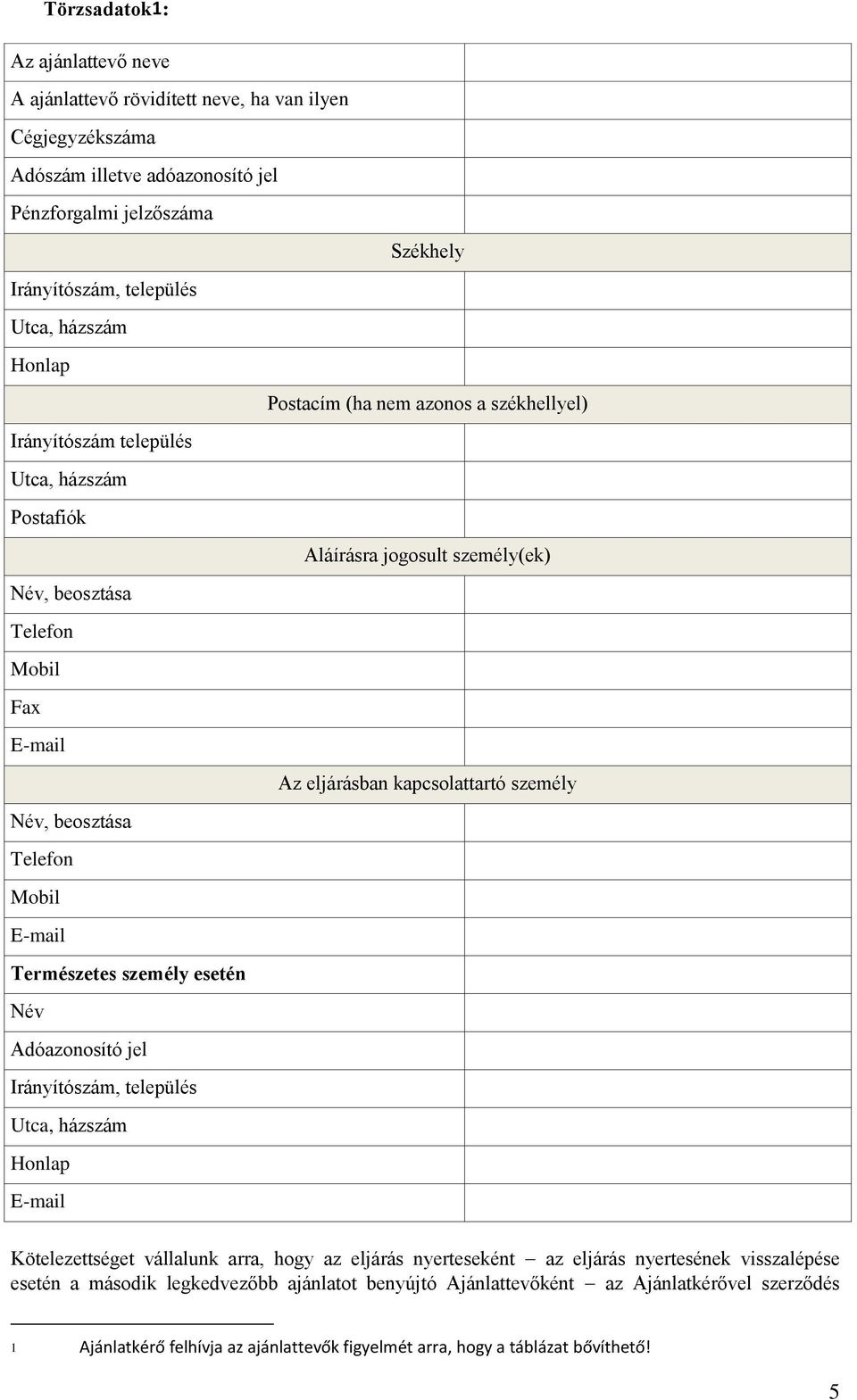személy Név, beosztása Telefon Mobil E-mail Természetes személy esetén Név Adóazonosító jel Irányítószám, település Utca, házszám Honlap E-mail Kötelezettséget vállalunk arra, hogy az eljárás