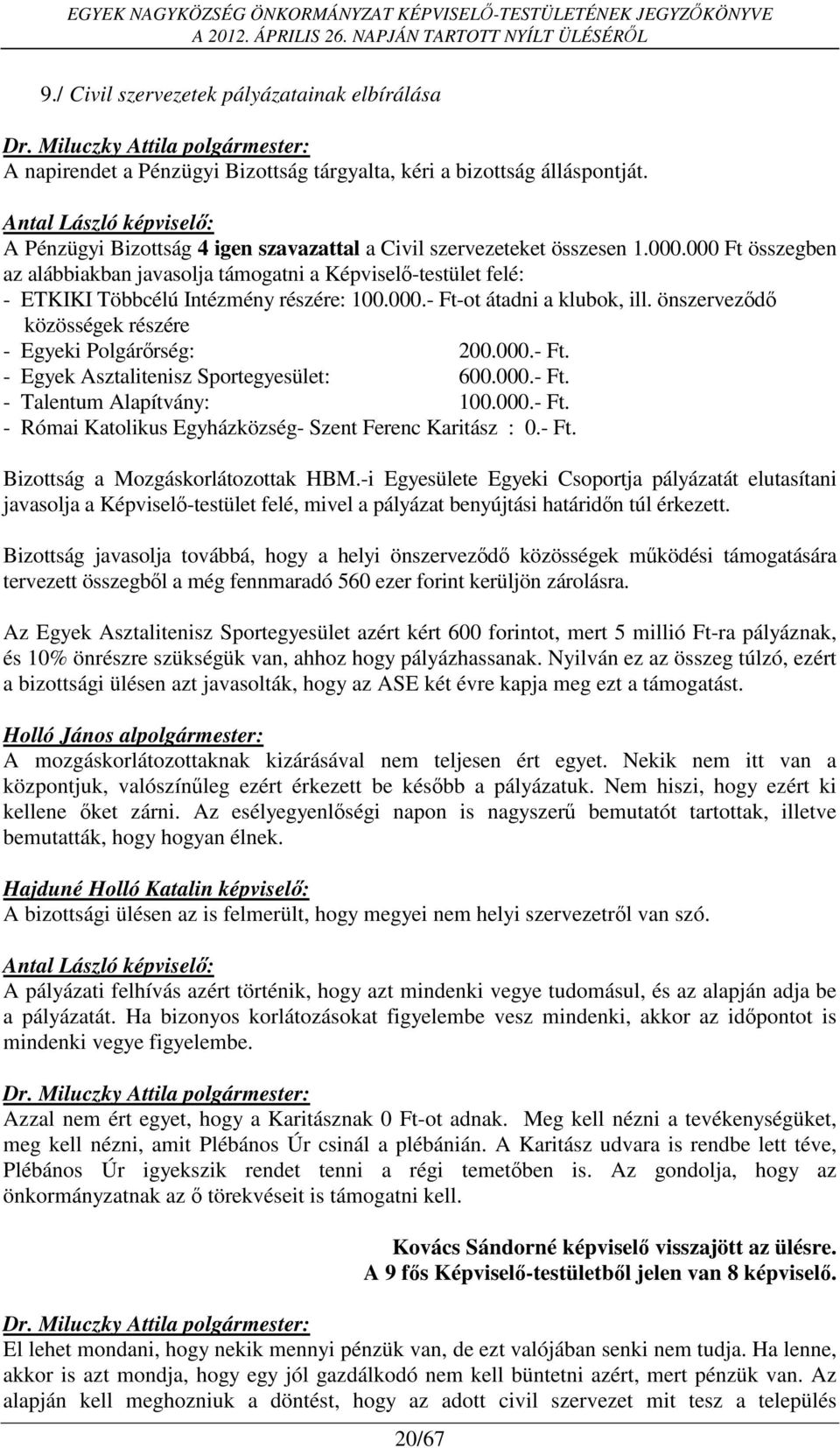 önszerveződő közösségek részére - Egyeki Polgárőrség: 200.000.- Ft. - Egyek Asztalitenisz Sportegyesület: 600.000.- Ft. - Talentum Alapítvány: 100.000.- Ft. - Római Katolikus Egyházközség- Szent Ferenc Karitász : 0.