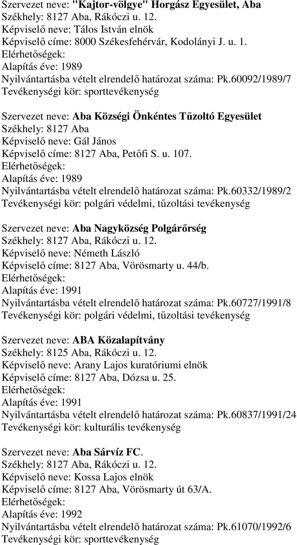 60092/1989/7 Szervezet neve: Aba Községi Önkéntes Tűzoltó Egyesület Székhely: 8127 Aba Képviselő neve: Gál János Képviselő címe: 8127 Aba, Petőfi S. u. 107.