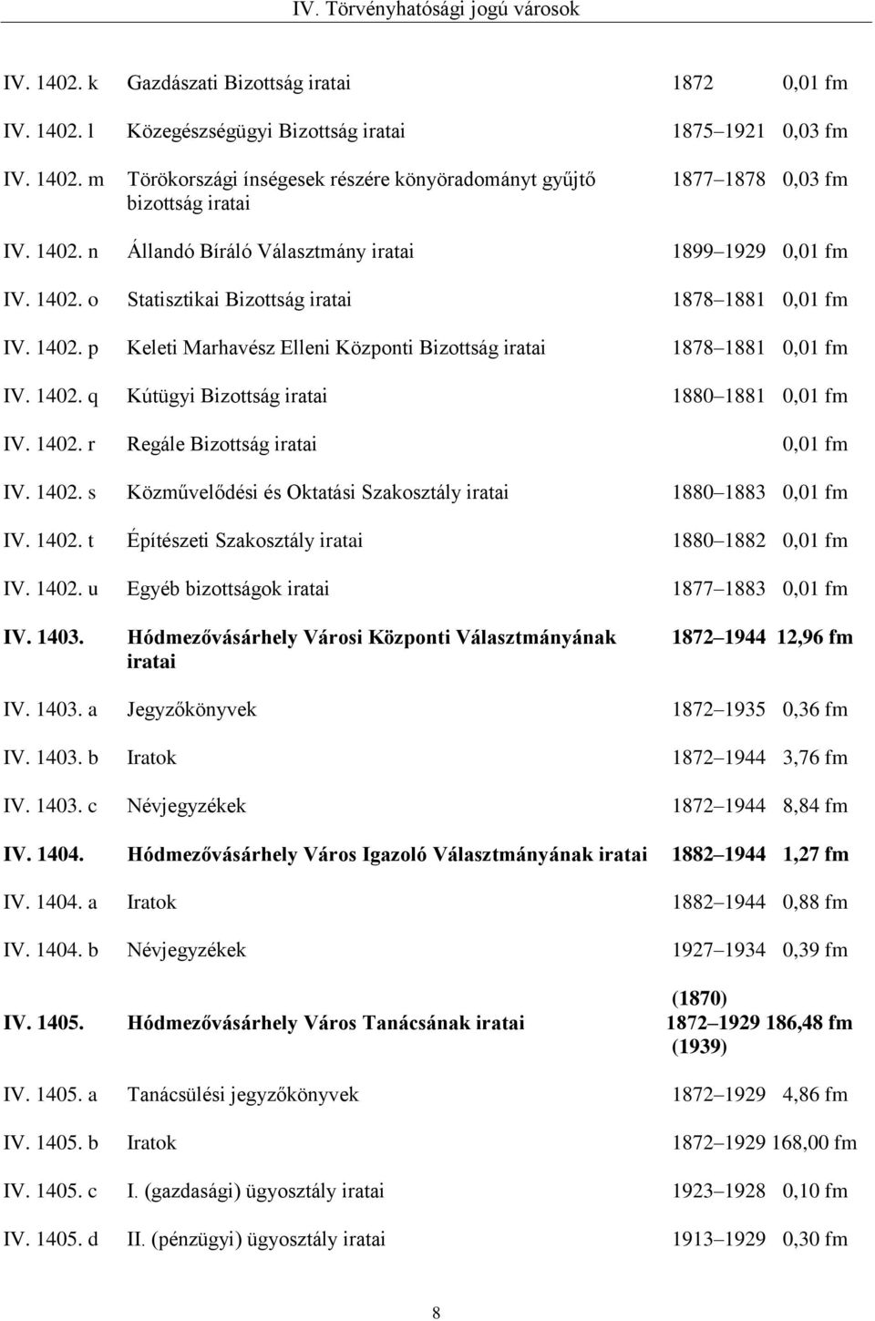 1402. r Regále Bizottság 0,01 fm IV. 1402. s Közművelődési és Oktatási Szakosztály 1880 1883 0,01 fm IV. 1402. t Építészeti Szakosztály 1880 1882 0,01 fm IV. 1402. u Egyéb bizottságok 1877 1883 0,01 fm IV.