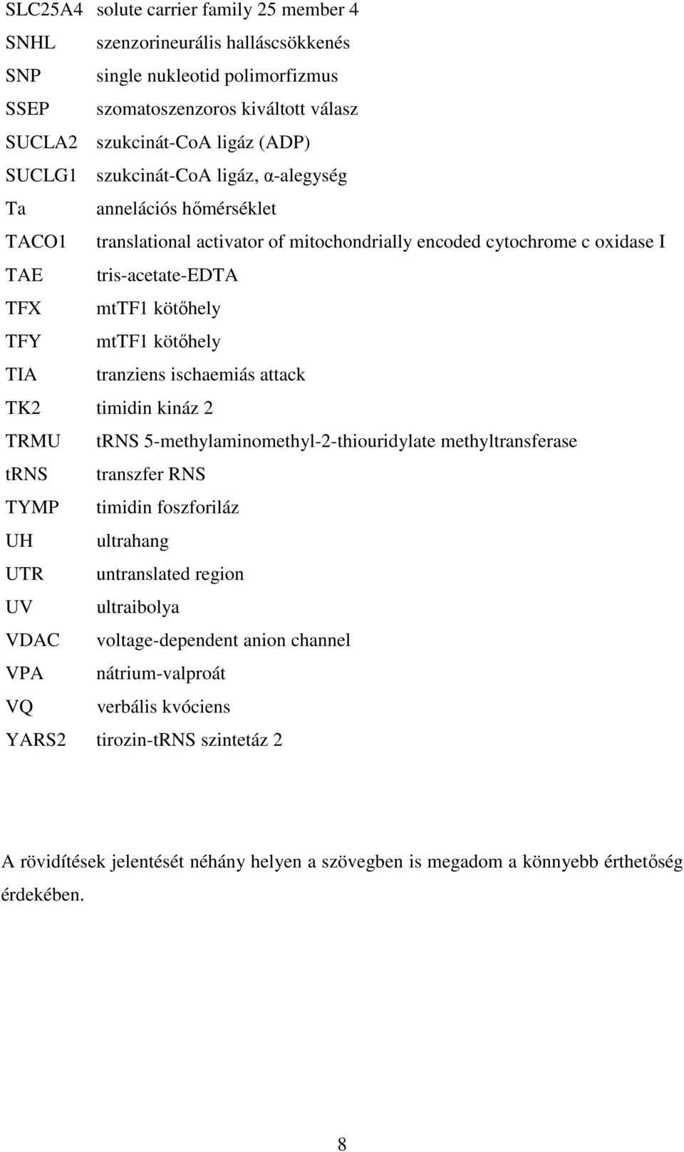 TIA tranziens ischaemiás attack TK2 timidin kináz 2 TRMU trns 5-methylaminomethyl-2-thiouridylate methyltransferase trns transzfer RNS TYMP timidin foszforiláz UH ultrahang UTR untranslated region UV