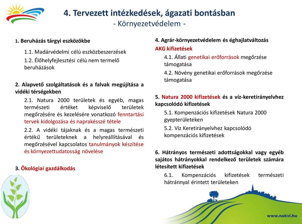 Natura 2000 területek és egyéb, magas természeti értéket képviselő területek megőrzésére és kezelésére vonatkozó fenntartási tervek kidolgozása és naprakésszé tétele 2.2. A vidéki tájaknak és a magas természeti értékű területeknek a helyreállításával és megőrzésével kapcsolatos tanulmányok készítése és környezettudatosság növelése 3.