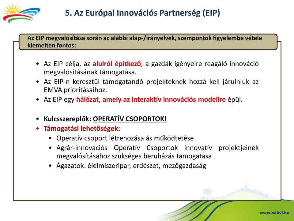Az EIP-n keresztül támogatandó projekteknek hozzá kell járulniuk az EMVA prioritásaihoz. Az EIP egy hálózat, amely az interaktív innovációs modellre épül.