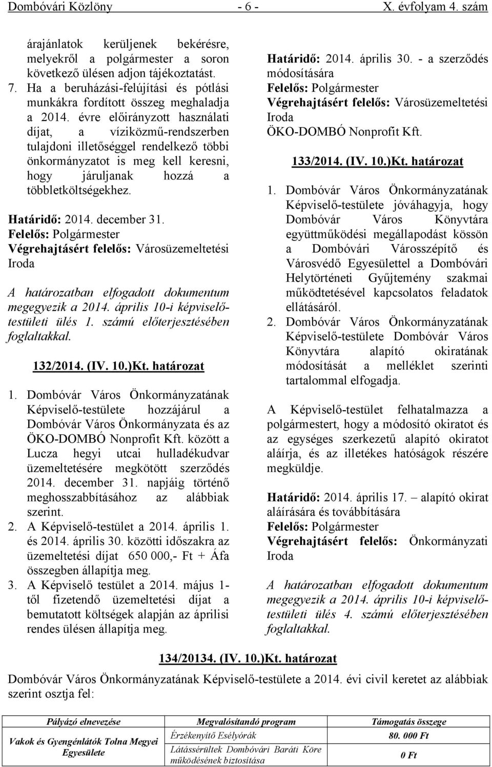 évre előirányzott használati díjat, a víziközmű-rendszerben tulajdoni illetőséggel rendelkező többi önkormányzatot is meg kell keresni, hogy járuljanak hozzá a többletköltségekhez. Határidő: 2014.