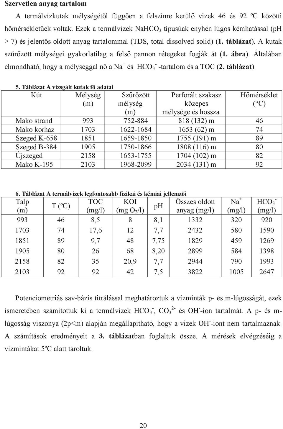 A kutak szrzött mélységei gyakorlatilag a fels pannon rétegeket fogják át (1. ábra). Általában elmondható, hogy a mélységgal n a Na + és HCO - 3 -tartalom és a TOC (2. táblázat). 5.