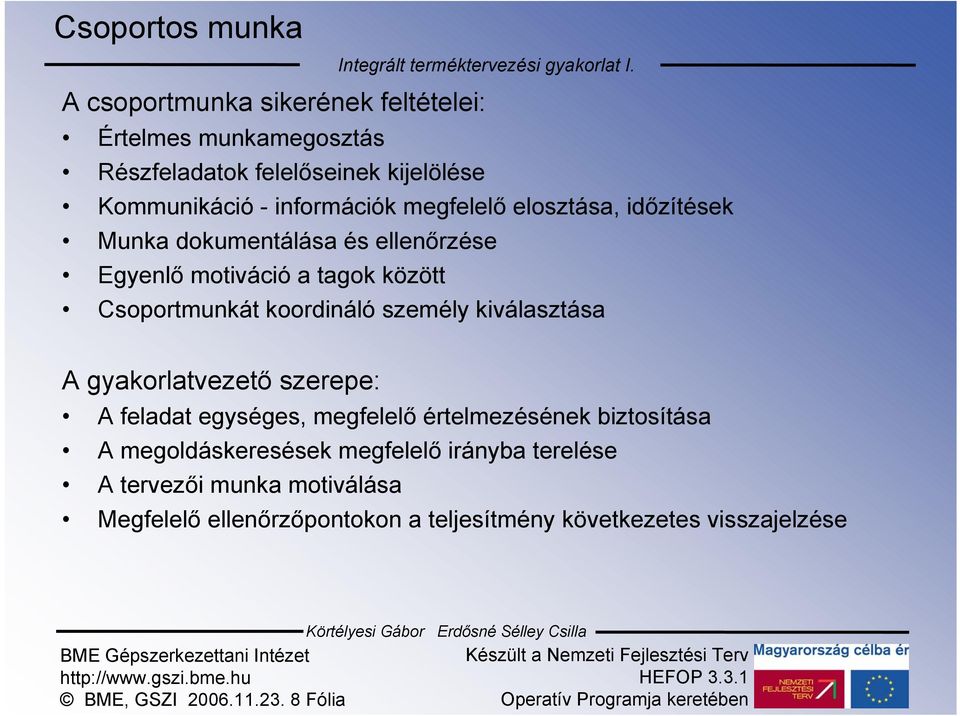 személy kiválasztása A gyakorlatvezető szerepe: A feladat egységes, megfelelő értelmezésének biztosítása A megoldáskeresések megfelelő