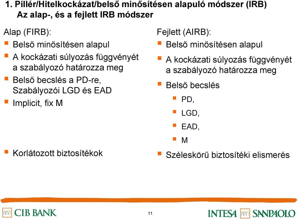 Szabályozói LGD és EAD Implicit, fix M Korlátozott biztosítékok Fejlett (AIRB): Belső minősítésen alapul A