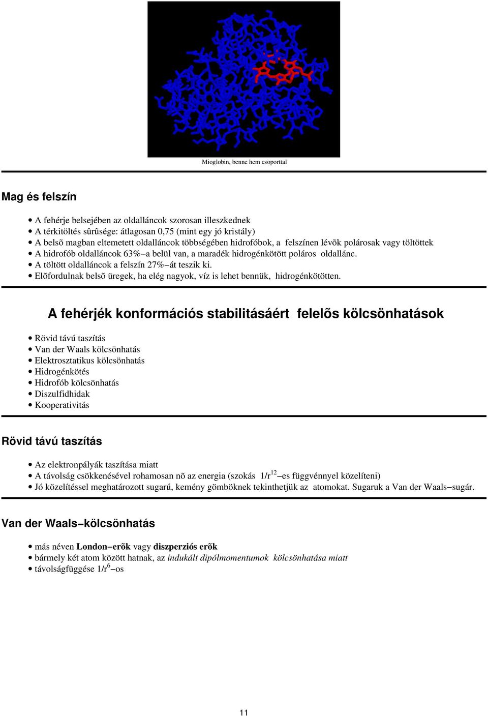 A töltött oldalláncok a felszín 27% át teszik ki. Elõfordulnak belsõ üregek, ha elég nagyok, víz is lehet bennük, hidrogénkötötten.