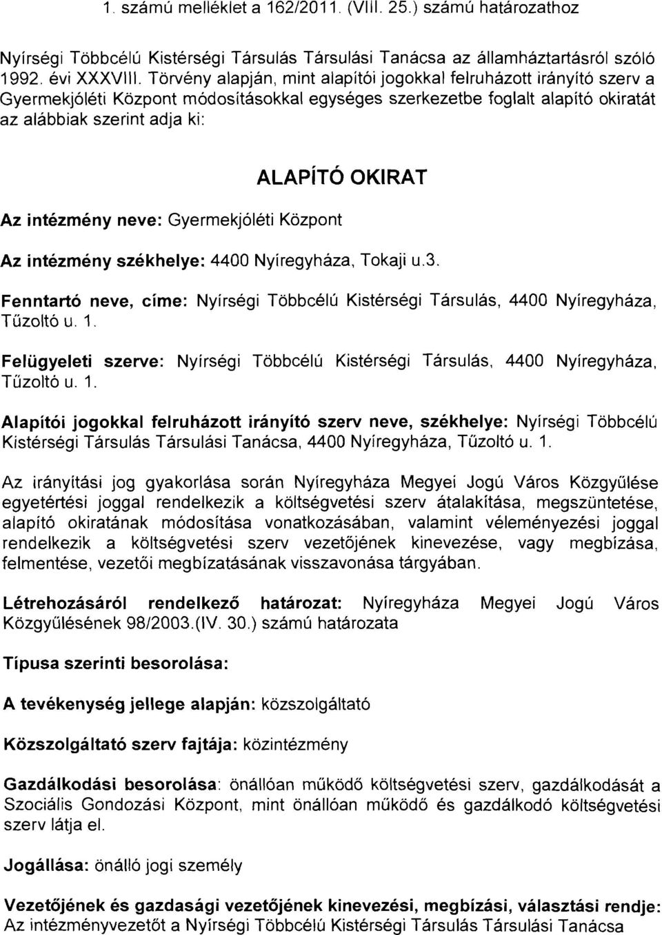 intézmény neve: Gyermekjóléti Központ Az intézmény székhelye: 4400 Nyíregyháza, Tokaji u.3. Fenntartó neve, címe: Nyírségi Többcélú Kistérségi Társulás, 4400 Nyíregyháza, Tűzoltó u. 1.