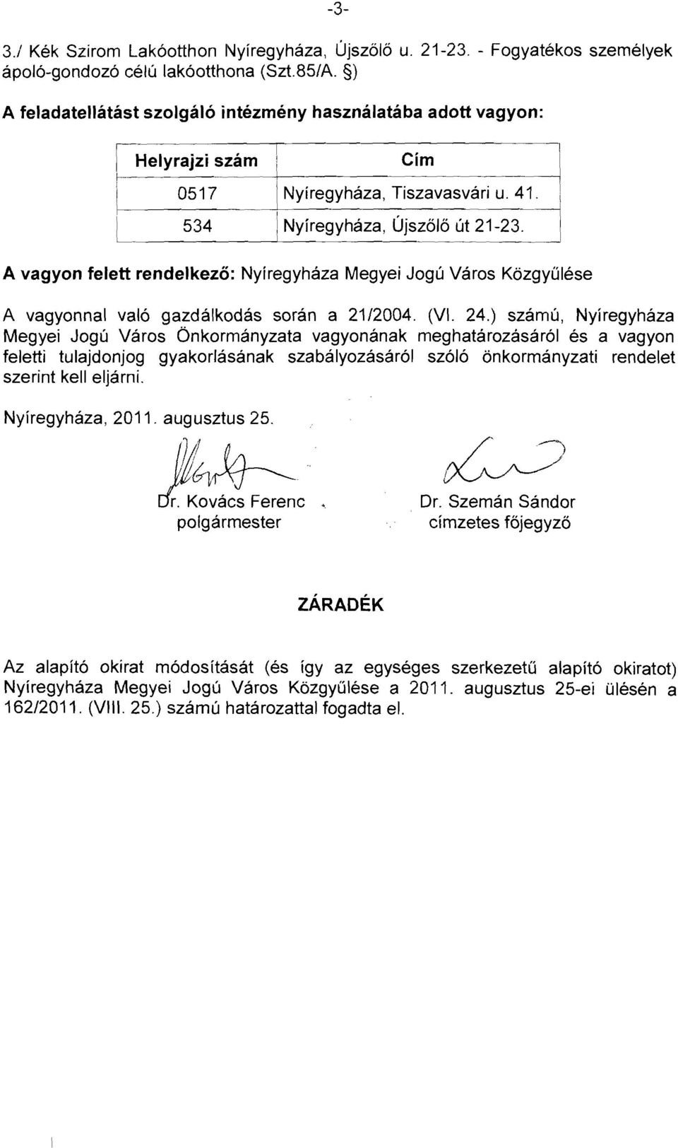 I A vagyon felett rendelkező: Nyíregyháza Megyei Jogú Város Közgyűlése A vagyonnal való gazdálkodás során a 21/2004. (VI. 24.