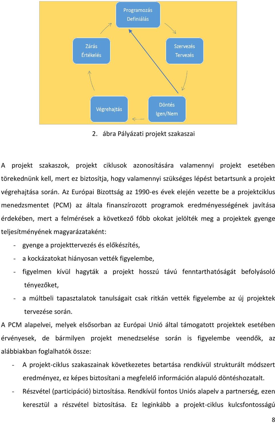 Az Európai Bizottság az 1990-es évek elején vezette be a projektciklus menedzsmentet (PCM) az általa finanszírozott programok eredményességének javítása érdekében, mert a felmérések a következő főbb