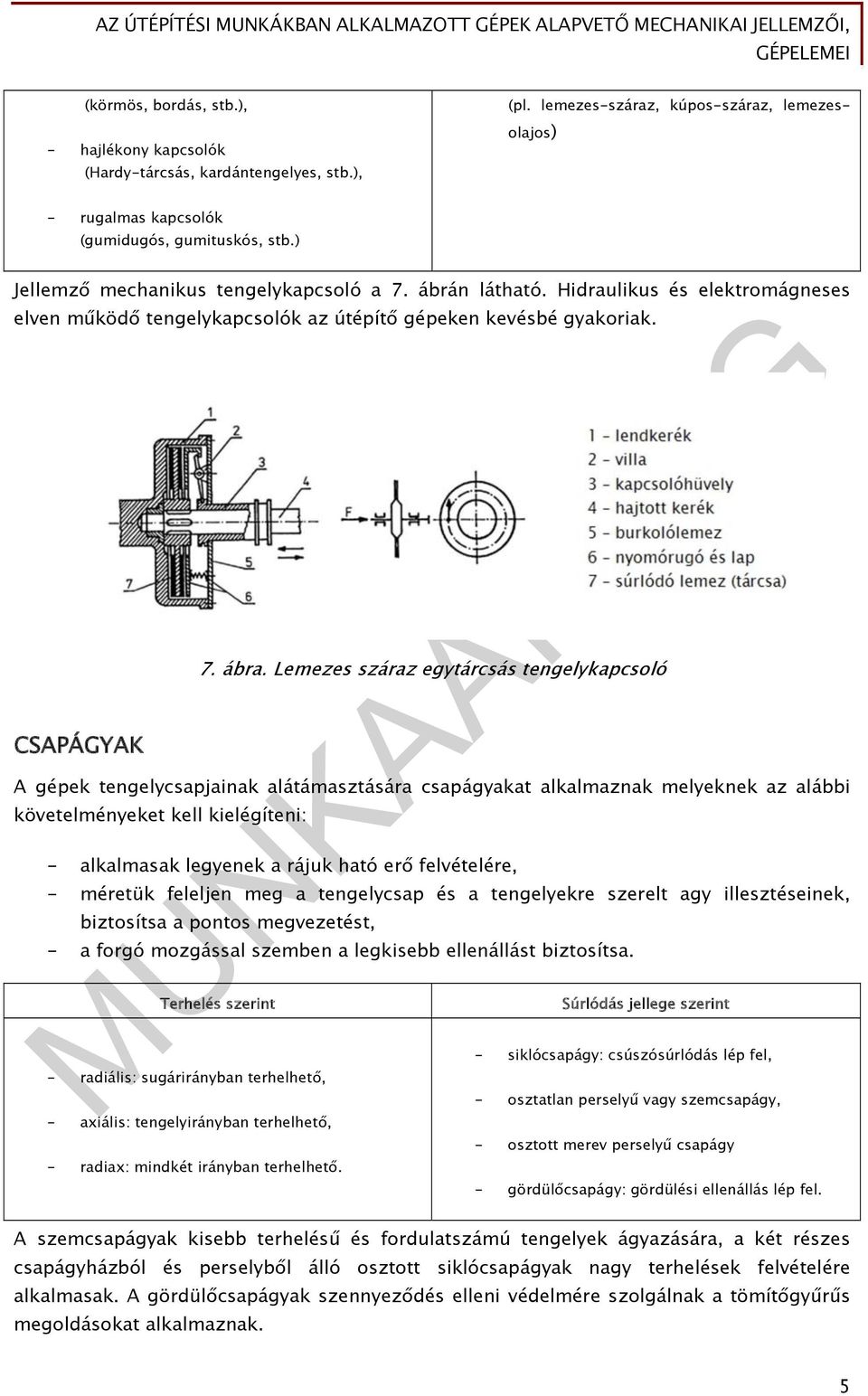 Lemezes száraz egytárcsás tengelykapcsoló A gépek tengelycsapjainak alátámasztására csapágyakat alkalmaznak melyeknek az alábbi követelményeket kell kielégíteni: - alkalmasak legyenek a rájuk ható