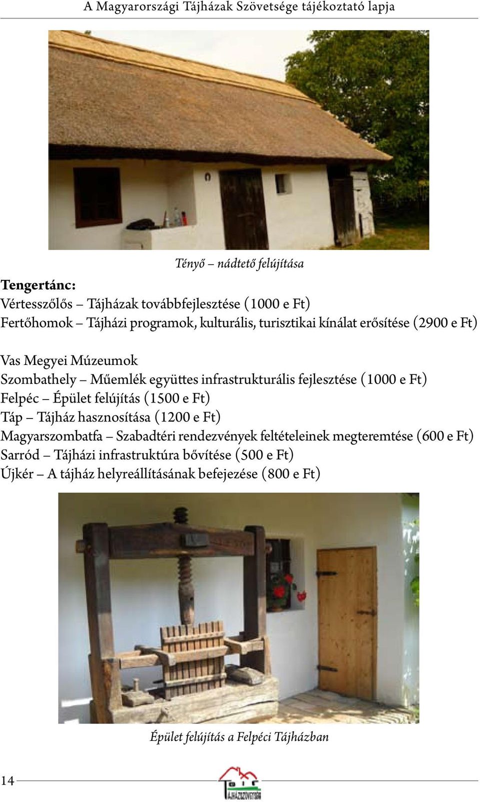 fejlesztése (1000 e Ft) Felpéc Épület felújítás (1500 e Ft) Táp Tájház hasznosítása (1200 e Ft) Magyarszombatfa Szabadtéri rendezvények feltételeinek