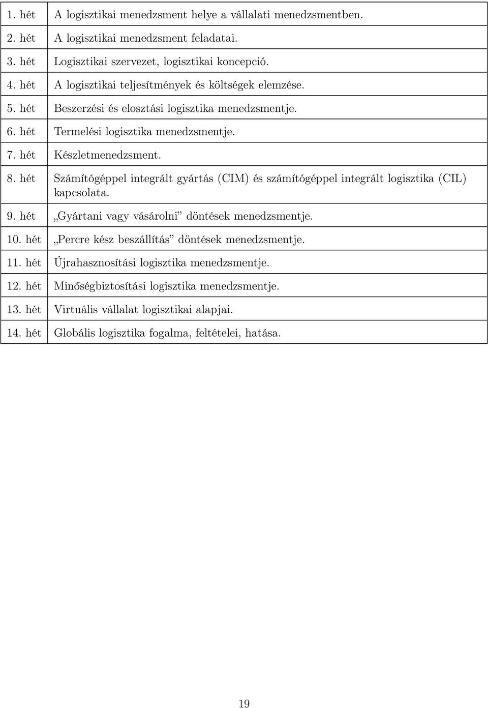 hét Számítógéppel integrált gyártás (CIM) és számítógéppel integrált logisztika (CIL) kapcsolata. 9. hét Gyártani vagy vásárolni döntések menedzsmentje. 10.