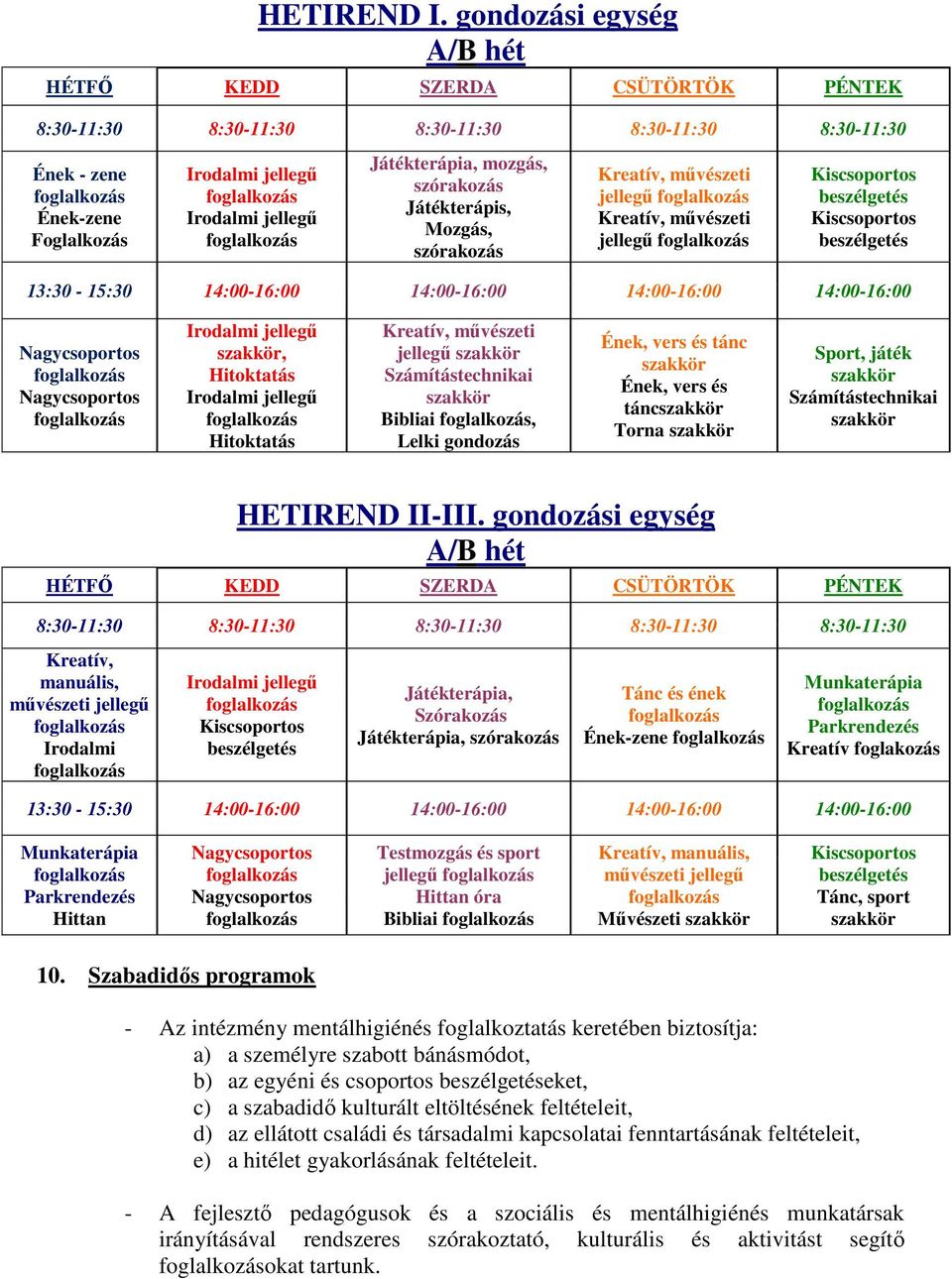 jellegű foglalkozás Játékterápia, mozgás, szórakozás Játékterápis, Mozgás, szórakozás Kreatív, művészeti jellegű foglalkozás Kreatív, művészeti jellegű foglalkozás Kiscsoportos beszélgetés