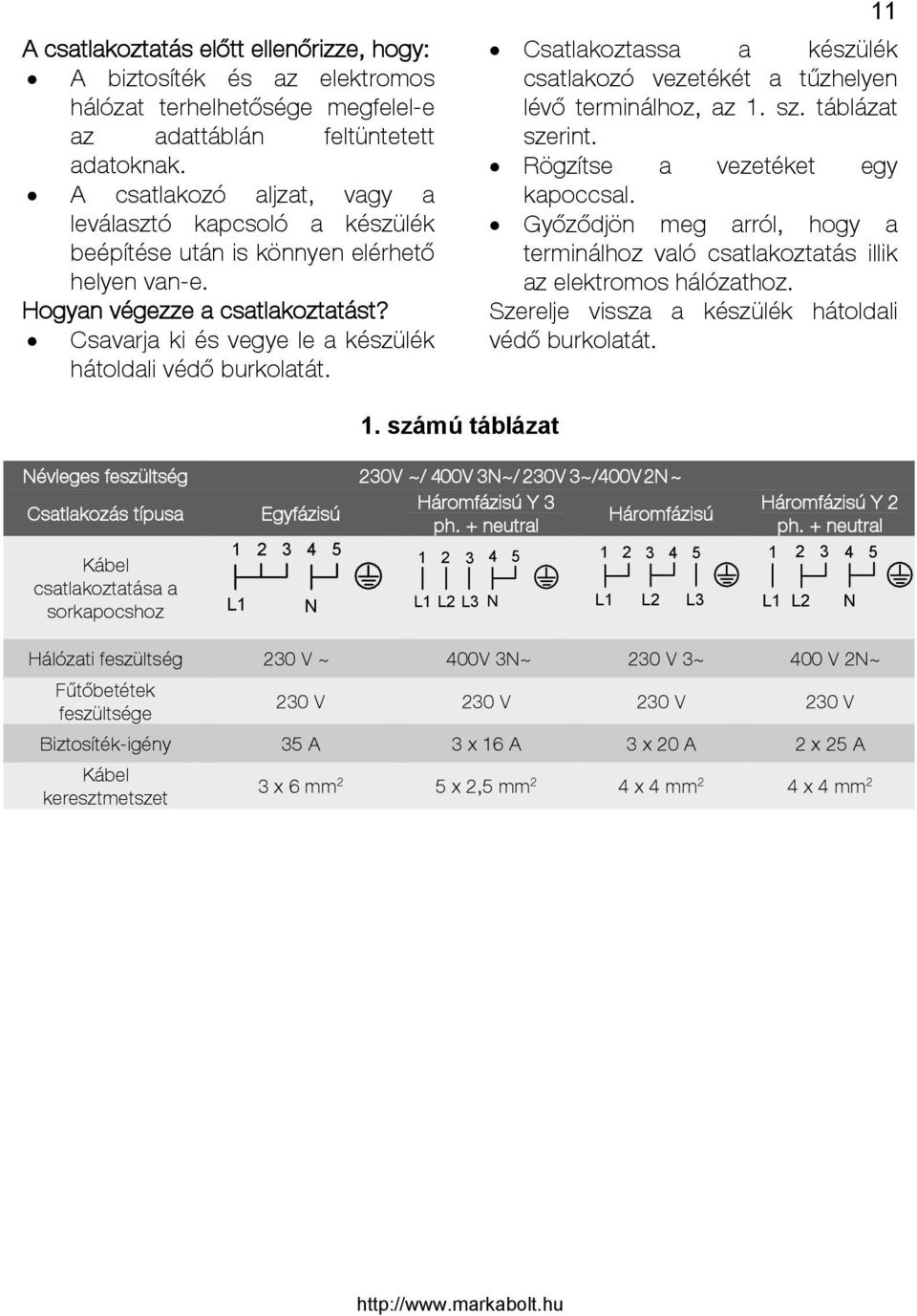 Csavarja ki és vegye le a készülék hátoldali védő burkolatát. 11 Csatlakoztassa a készülék csatlakozó vezetékét a tűzhelyen lévő terminálhoz, az 1. sz. táblázat szerint.