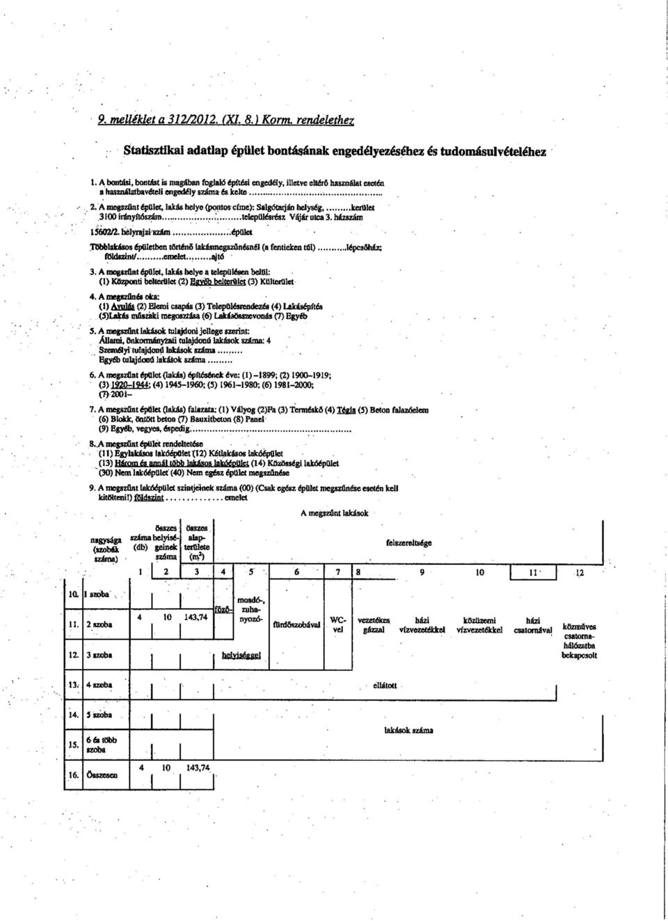 A megszűnt épület, lakás helye (pcaitos círae): Salgótaiján helység,... kerület 3100trányftószáro... településrész Vájáruica 3. házszám 15602/2. hélyrajziszám.