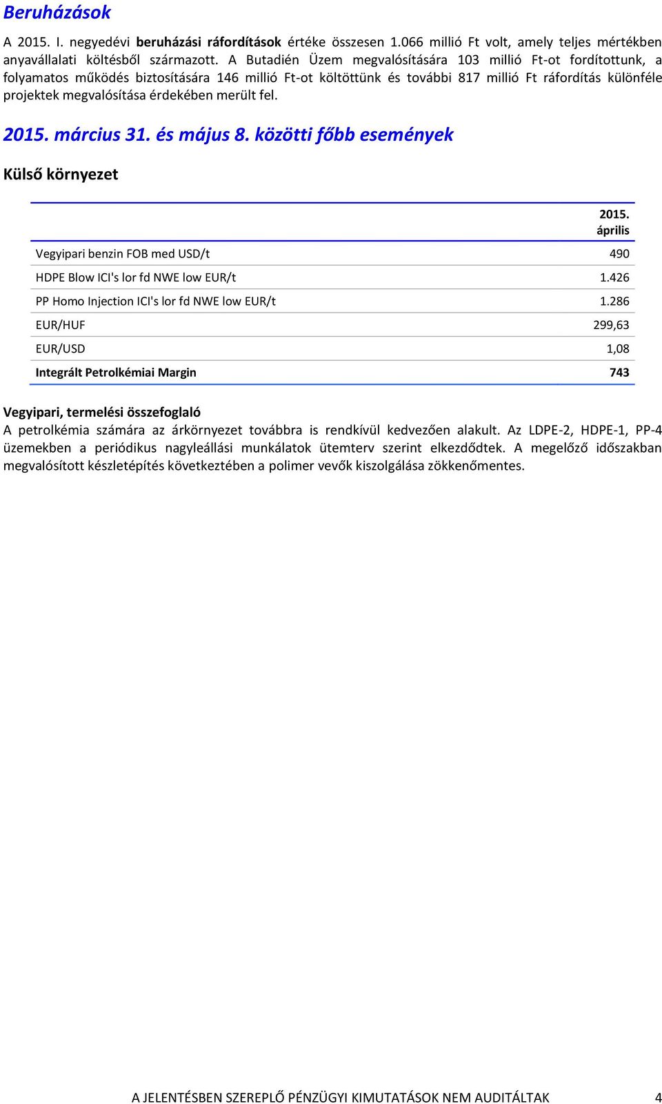 érdekében merült fel. 2015. március 31. és május 8. közötti főbb események Külső környezet 2015. április Vegyipari benzin FOB med USD/t 490 HDPE Blow ICI's lor fd NWE low EUR/t 1.