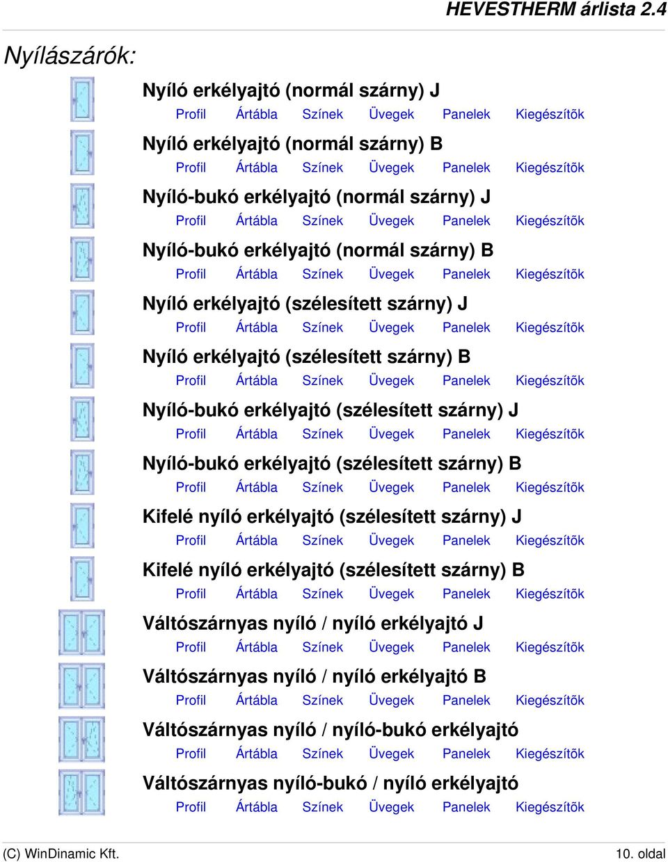 Nyíló-bukó erkélyajtó (szélesített szárny) B Kifelé nyíló erkélyajtó (szélesített szárny) J Kifelé nyíló erkélyajtó (szélesített szárny) B