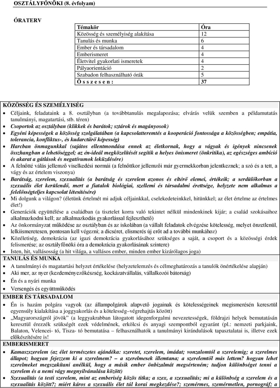 órák 5 Összesen: 37 KÖZÖSSÉG ÉS SZEMÉLYISÉG Céljaink, feladataink a 8. osztályban (a továbbtanulás megalapozása; elvárás velük szemben a példamutatás tanulmányi, magatartási, stb.