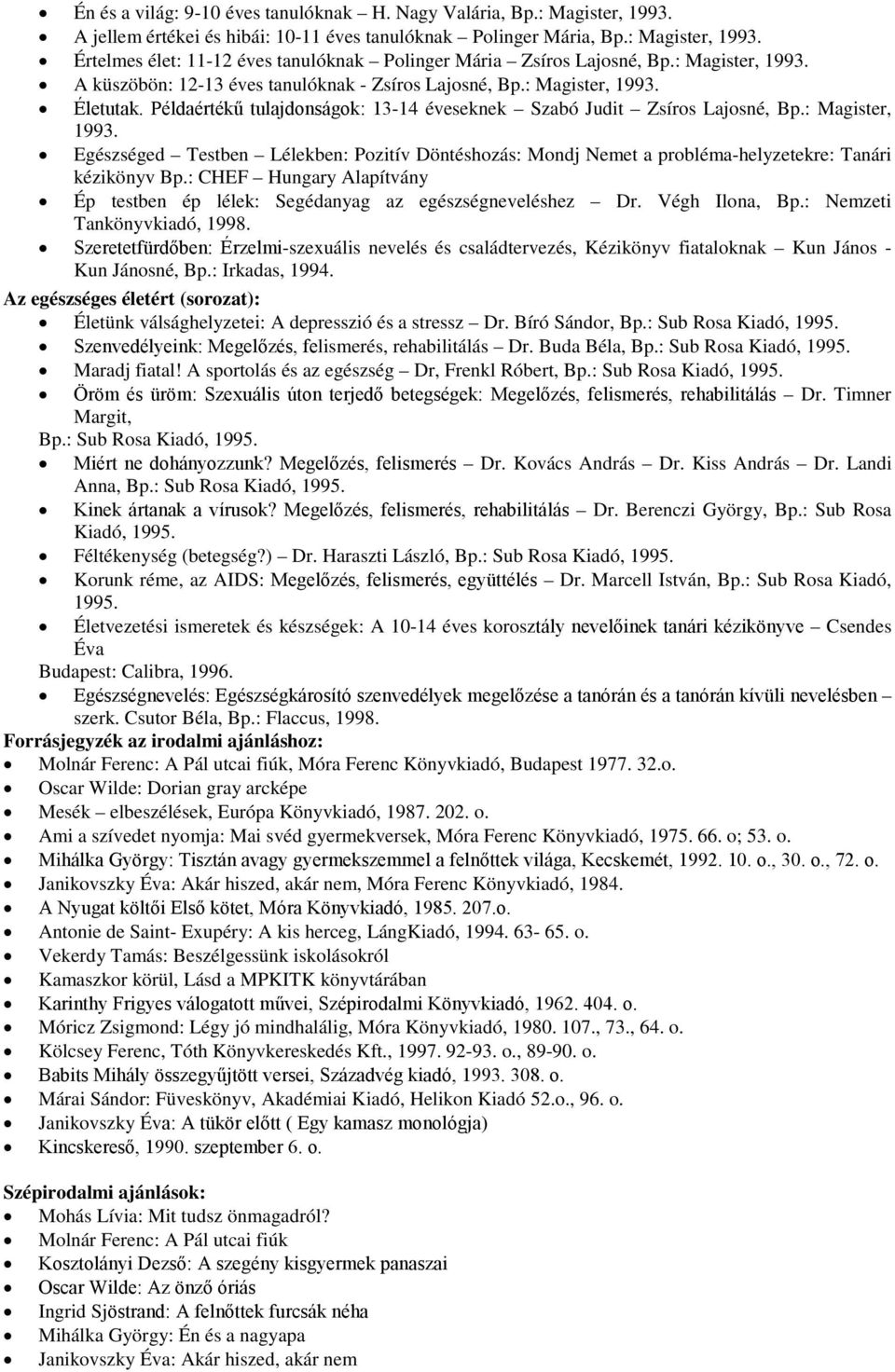 : CHEF Hungary Alapítvány Ép testben ép lélek: Segédanyag az egészségneveléshez Dr. Végh Ilona, Bp.: Nemzeti Tankönyvkiadó, 1998.