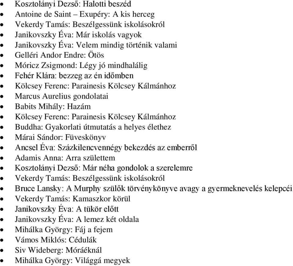 Ferenc: Parainesis Kölcsey Kálmánhoz Buddha: Gyakorlati útmutatás a helyes élethez Márai Sándor: Füveskönyv Ancsel Éva: Százkilencvennégy bekezdés az emberről Adamis Anna: Arra születtem Kosztolányi