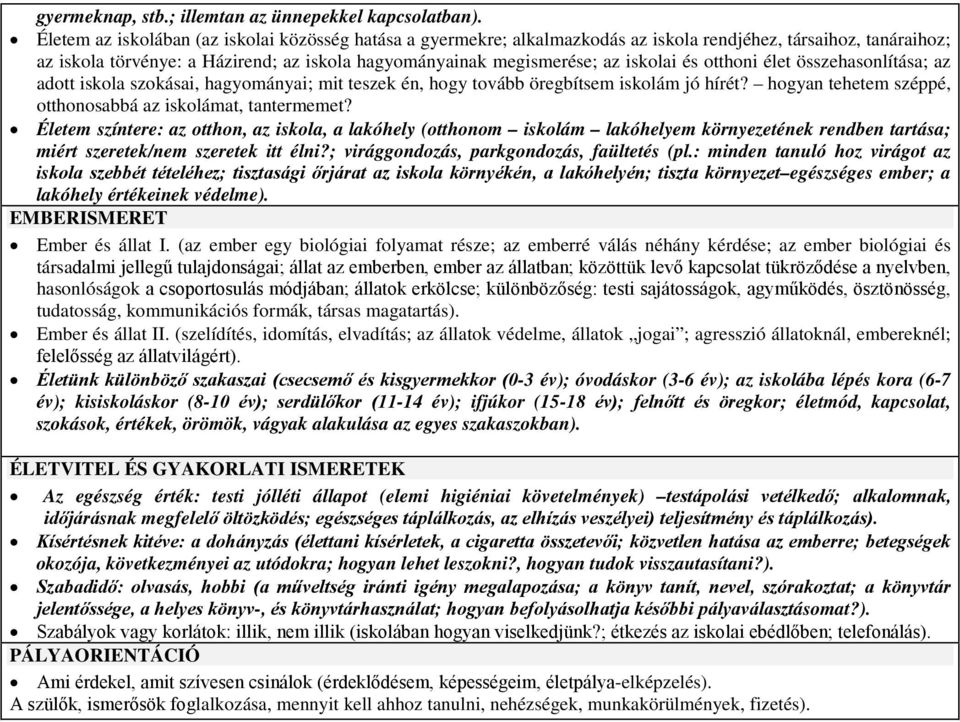 és otthoni élet összehasonlítása; az adott iskola szokásai, hagyományai; mit teszek én, hogy tovább öregbítsem iskolám jó hírét? hogyan tehetem széppé, otthonosabbá az iskolámat, tantermemet?