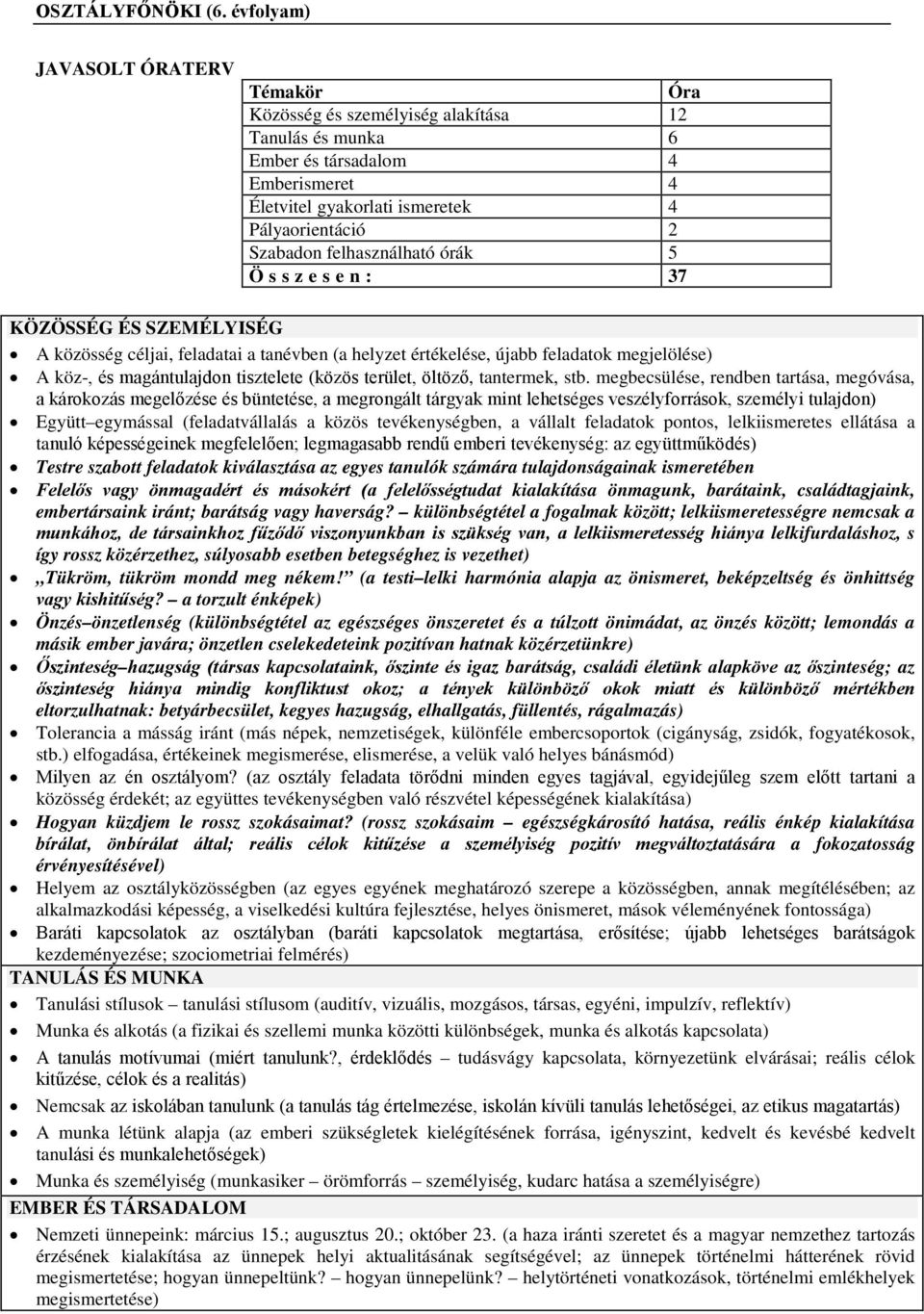 felhasználható órák 5 Összesen: 37 KÖZÖSSÉG ÉS SZEMÉLYISÉG A közösség céljai, feladatai a tanévben (a helyzet értékelése, újabb feladatok megjelölése) A köz-, és magántulajdon tisztelete (közös