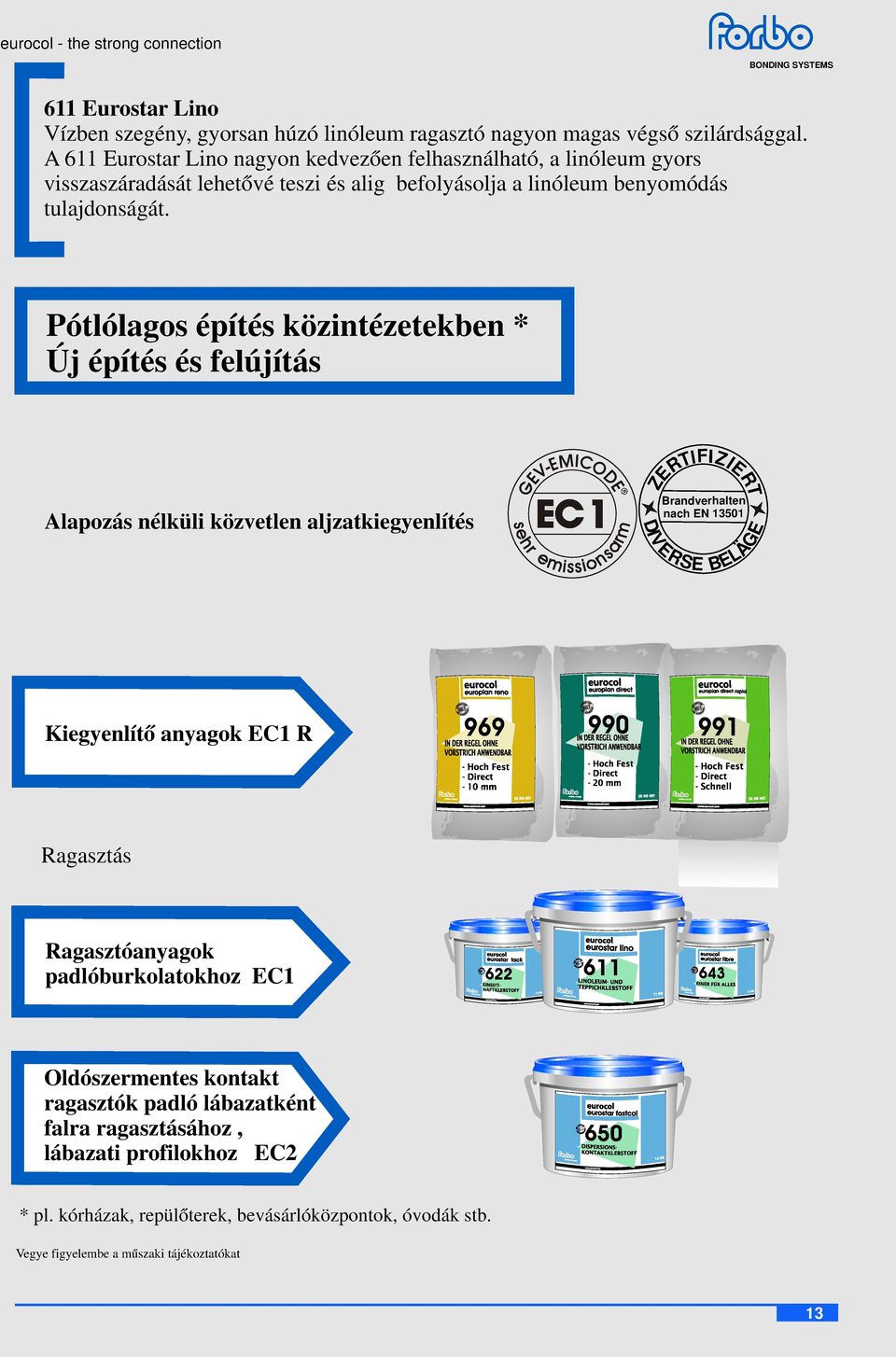 Pótlólagos építés közintézetekben * Új építés és felújítás Alapozás nélküli közvetlen aljzatkiegyenlítés D I V E ZERTI F I Z E Brandverhalten nach EN 13501 RS E B I E