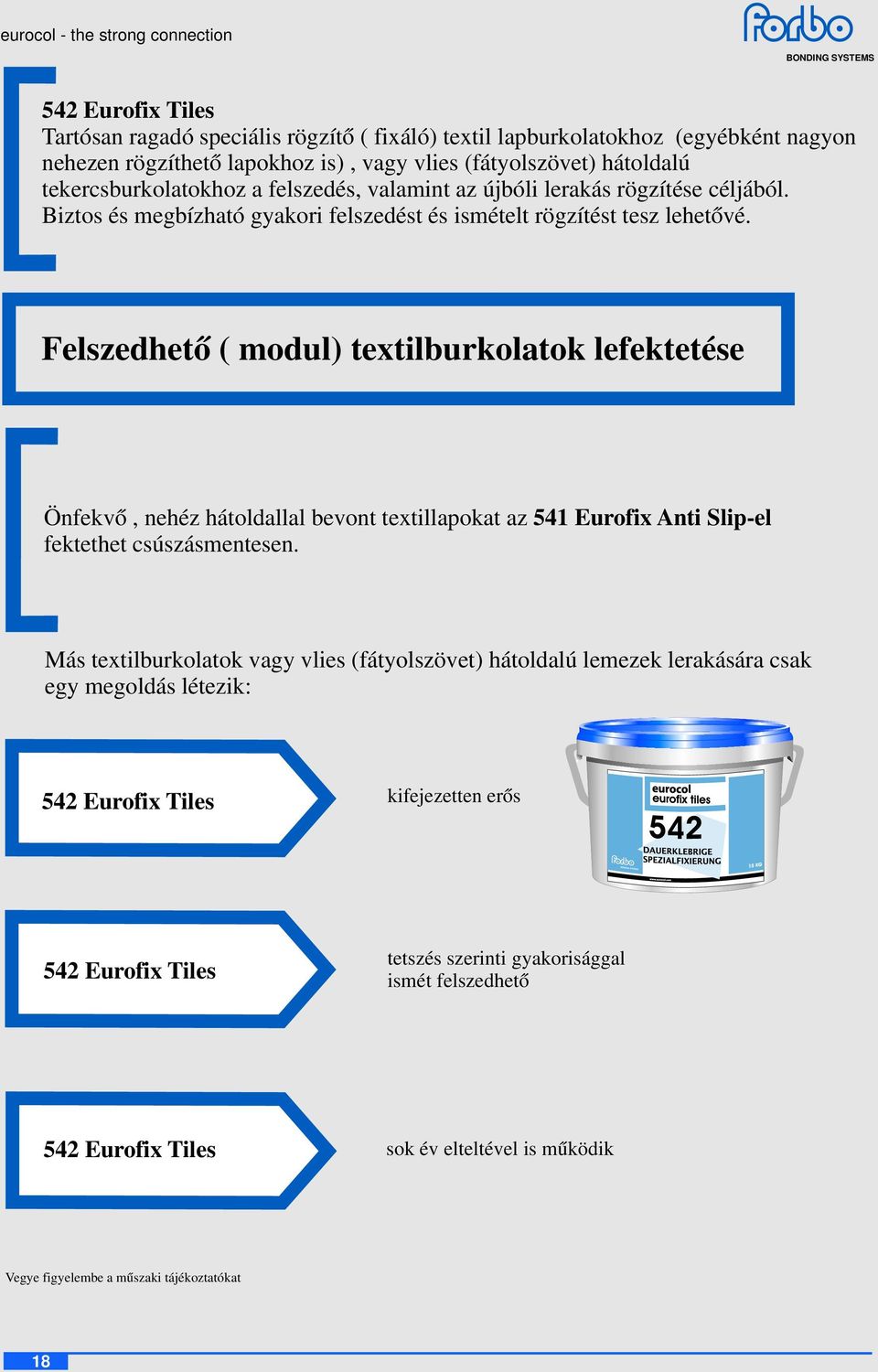 Felszedhető ( modul) textilburkolatok lefektetése Önfekvő, nehéz hátoldallal bevont textillapokat az 541 Eurofix Anti Slip-el fektethet csúszásmentesen.