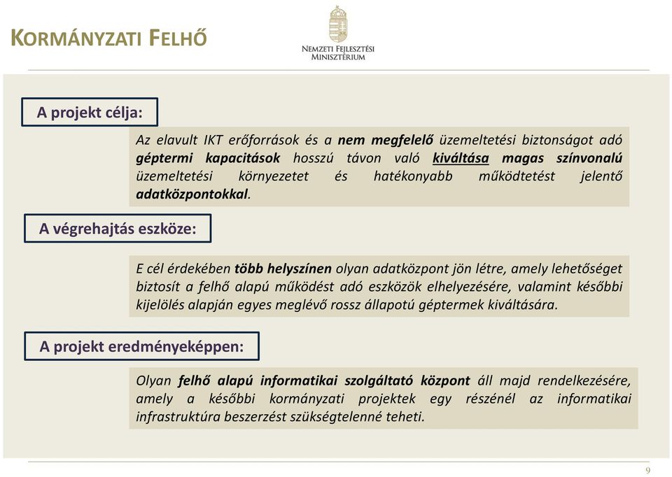 E cél érdekében több helyszínen olyan adatközpont jön létre, amely lehetőséget biztosít a felhő alapú működést adó eszközök elhelyezésére, valamint későbbi kijelölés alapján egyes