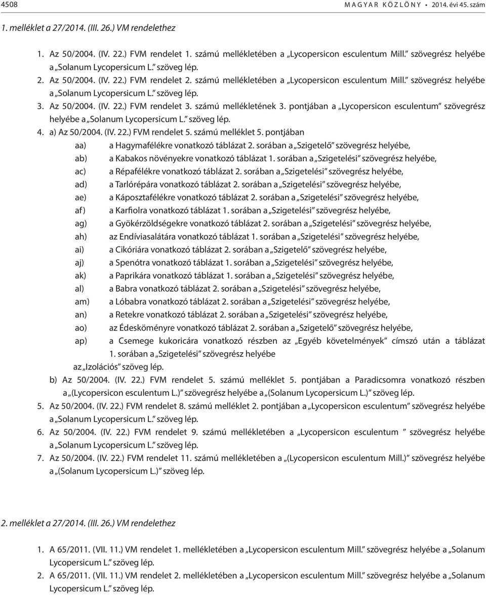 szöveg lép. 3. Az 50/2004. (IV. 22.) FVM rendelet 3. számú mellékletének 3. pontjában a Lycopersicon esculentum szövegrész helyébe a Solanum Lycopersicum L. szöveg lép. 4. a) Az 50/2004. (IV. 22.) FVM rendelet 5.