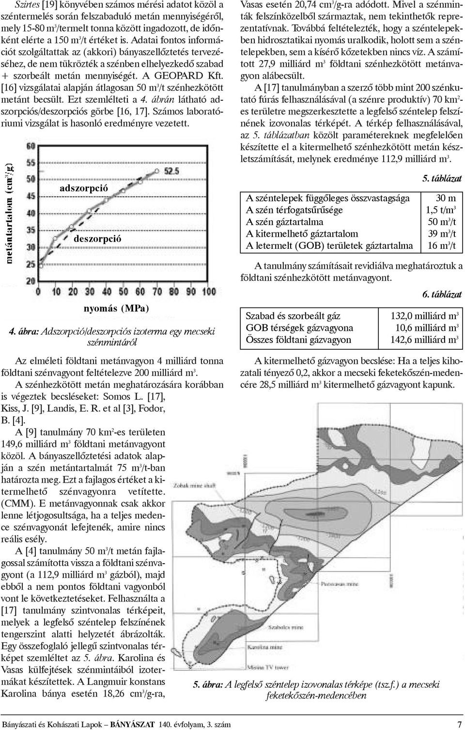 [16]vizsgálatai alapján átlagosan 50 m 3 /tszénhezkötött metánt becsült. Ezt szemlélteti a4. ábrán látható adszorpciós/deszorpciós görbe [16, 17].